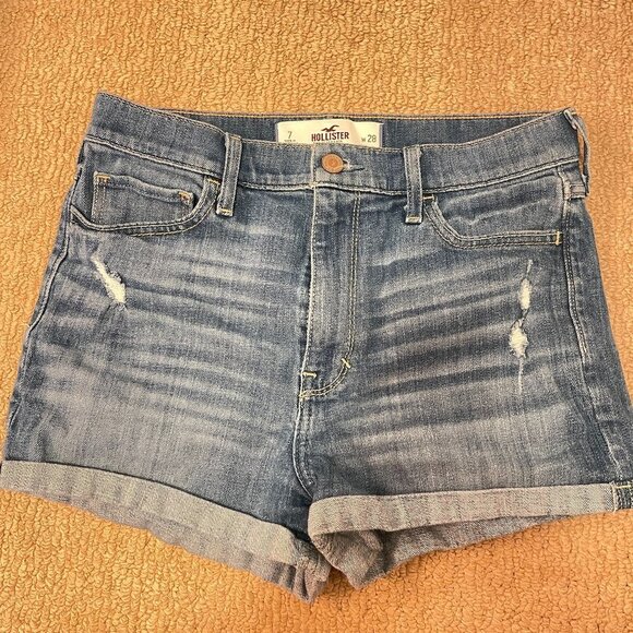 Hollister High Waist Distressed Medium Wash Denim Shorts - Size 28 - Picture 2 of 9